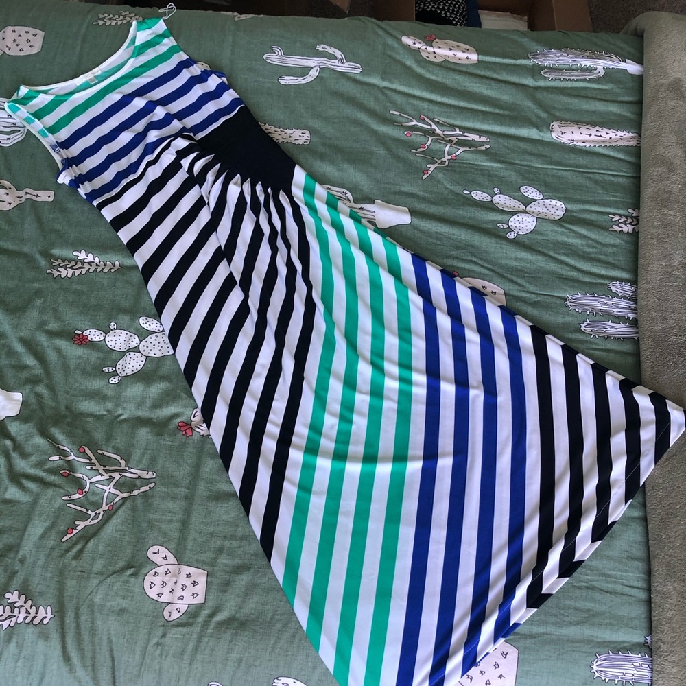 London Times Striped Ruched Maxi Dress